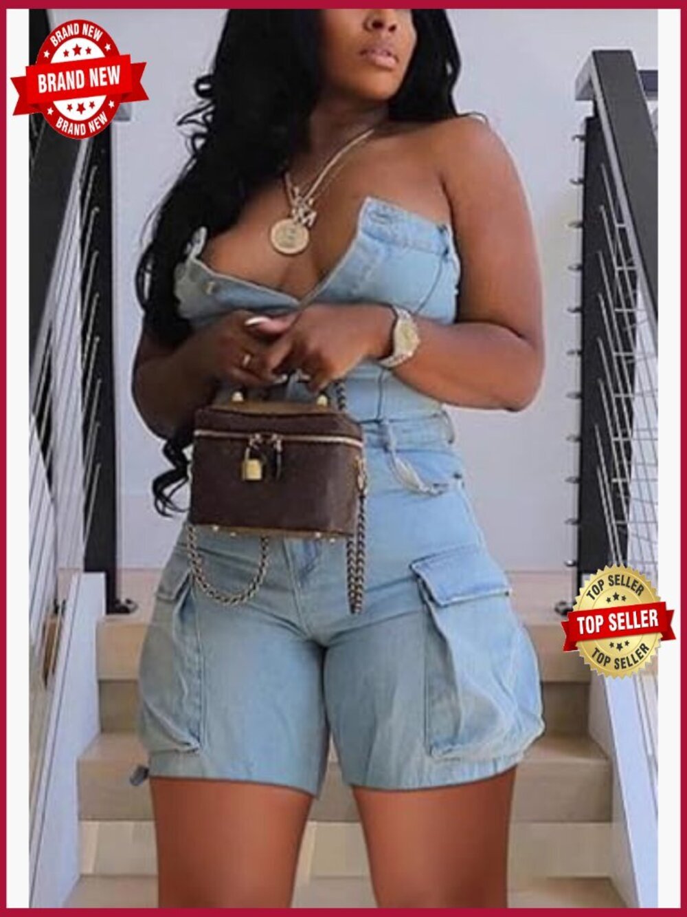 Strapless Denim Romper Sexy Sleeveless Cargo Shorts Jumpsuit - Picture 2 of 7